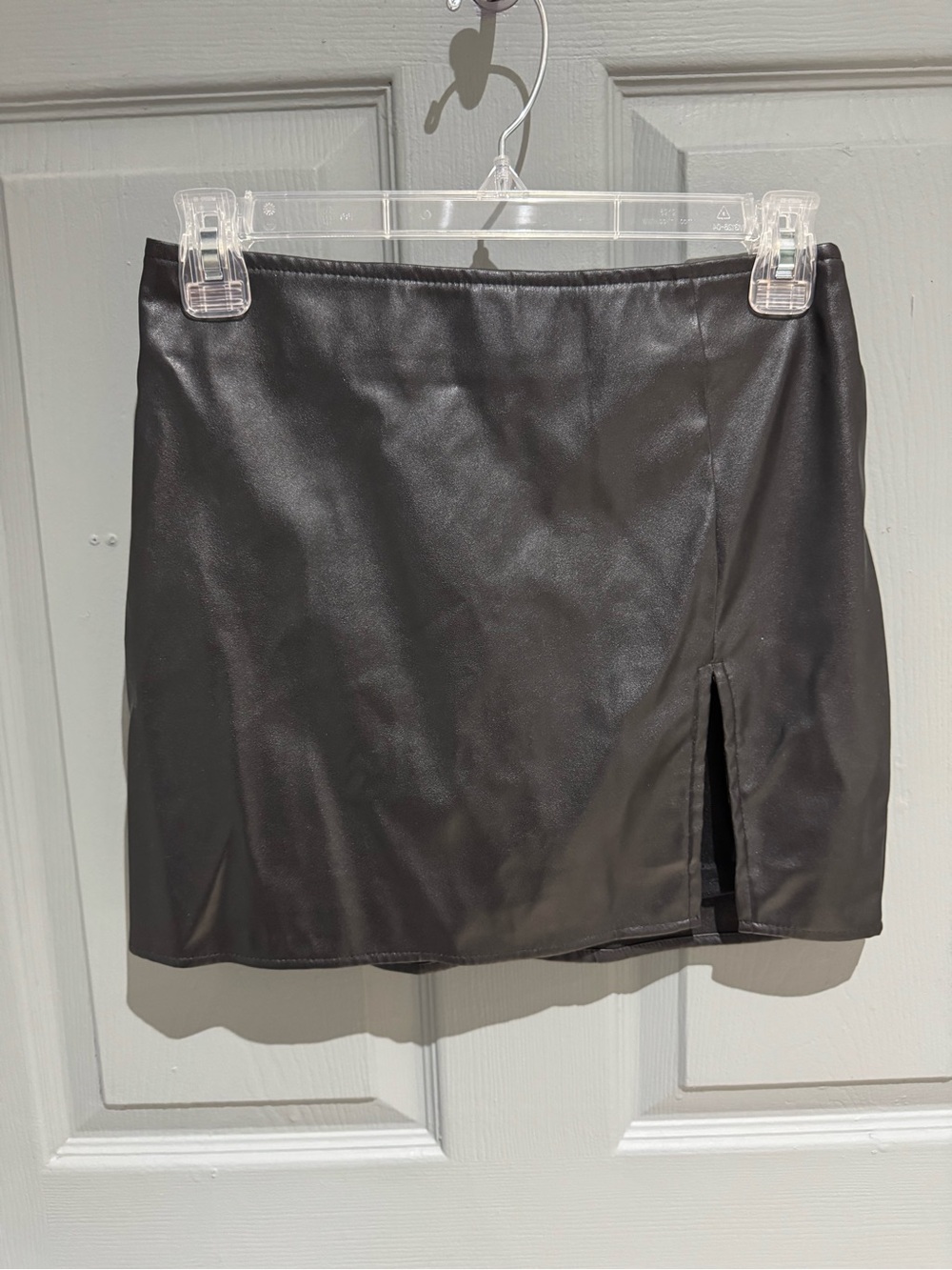 Women's Black Faux Leather Mini Skirt with Front Slit